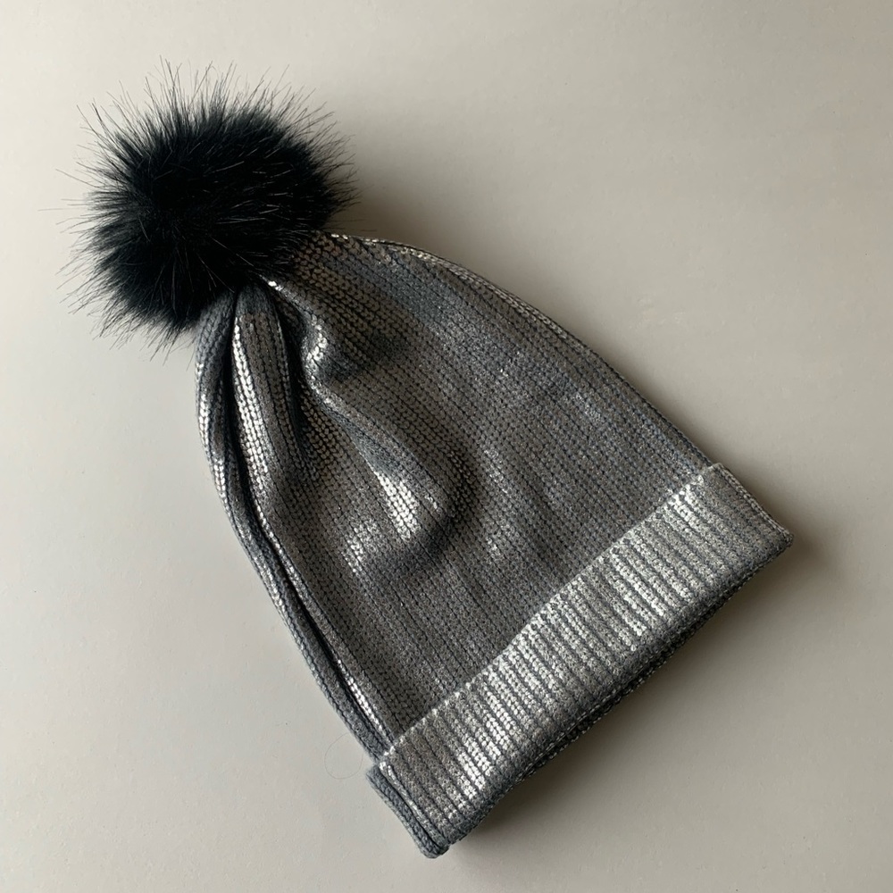 Metallic Silver Beanie with Black Pom